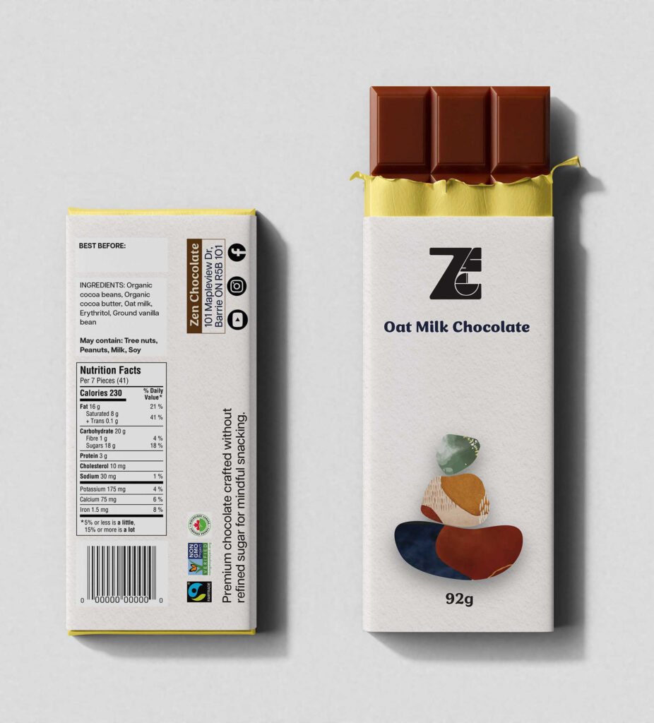 Flat lay of chocolate packaging with an unwrapped chocolate bar, showing nutrition facts and the “Oat Milk Chocolate” front panel.