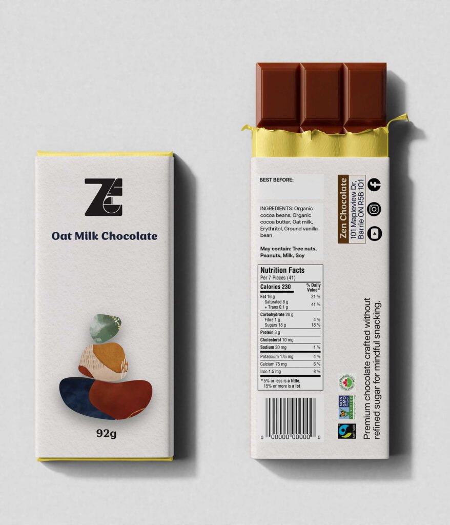 Two chocolate bar package mockups showing “Oat Milk Chocolate” front and back, with a stacked-stone logo and 92g label.